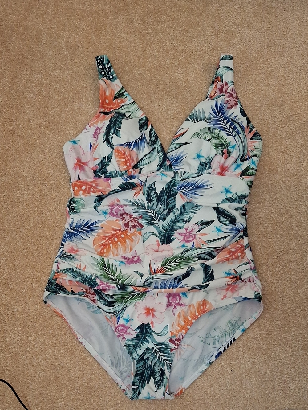 Tropical Floral One-Piece Swimsuit - White Base with Green & Coral Print